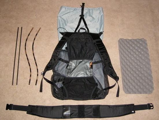 Mariposa Plus components (hip belt flipped to show velcro attachment)