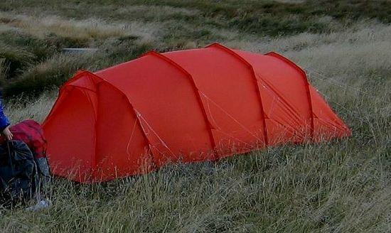 Peaked tunnel tent in high wind in Australian Alps