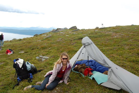 Wife with Gatewood cape and sleeping kids near Narvik