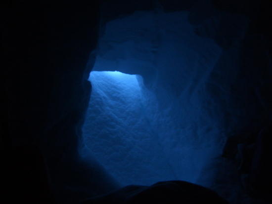 snow shelter door in the morning