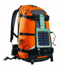 A solar panel strapped to a backpack