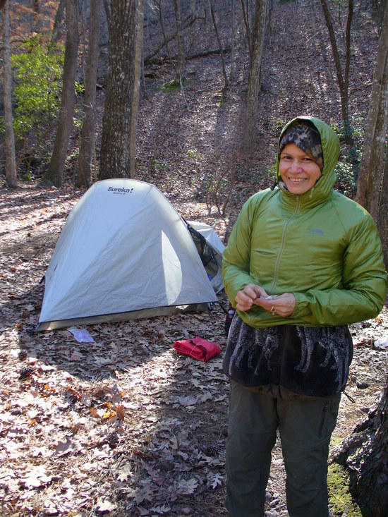 My wife and the Eureka Spitfire 2 as  we set up camp and the temp drops