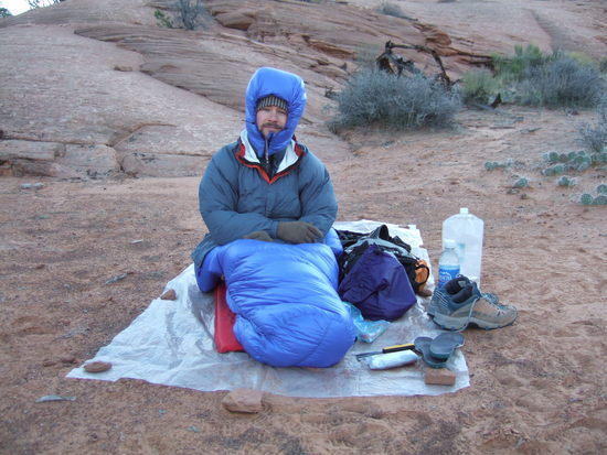 Hood worn loose here as a camp hat- try that with a hooded sleeping bag! Temps ~low 30's