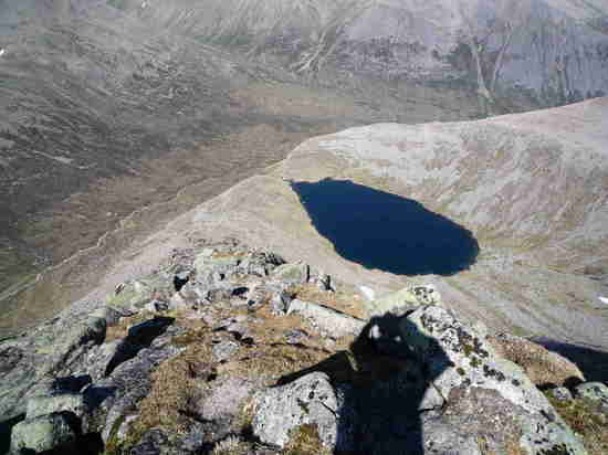 Looking down at the little lake from the summit