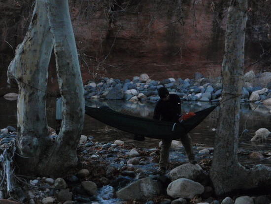Hanging a hammock across a stream bed
