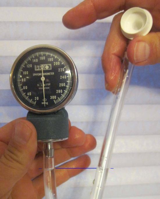 Pressure gauge at zero, water levels even