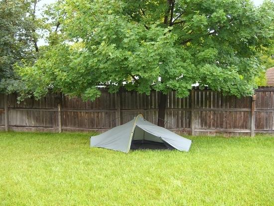 Tarptent Moment tent undergoing rain testing beneath maple tree in Loveland, Colorado USA