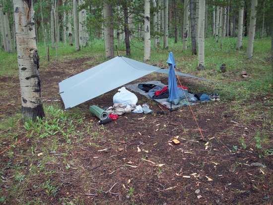 Our campsite at Kenosha Pass, the tarp is homemade and is a little oversized