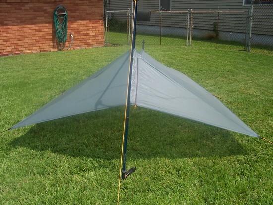 Silnylon tarp pitched with beak zipper closed