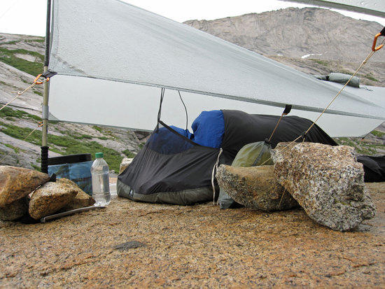Jeremy in his Bivy and on His Pad, Concerned about Lightening
