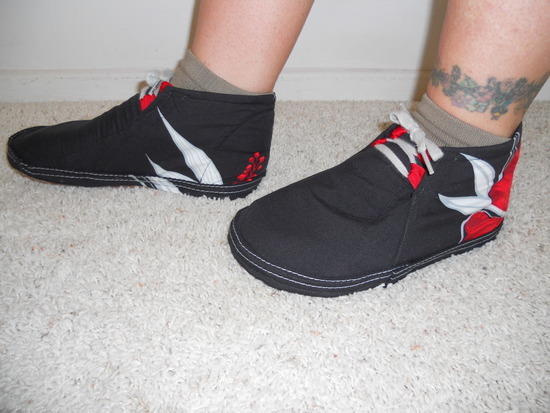 Homemade shoes made from swim trunks