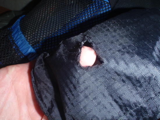 Hole chewed in pouch