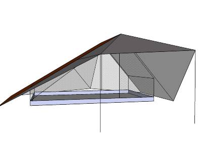 close up of the front of the tent with awning and one door open