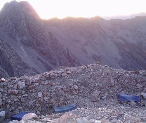 Tarps in the fault scarp at dawn - 2000m asl - NZ Southern Alps