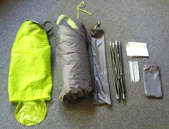 Sputnik 2P Tent body, Stuff Sack, Poles, Stakes and associated storage sacks.