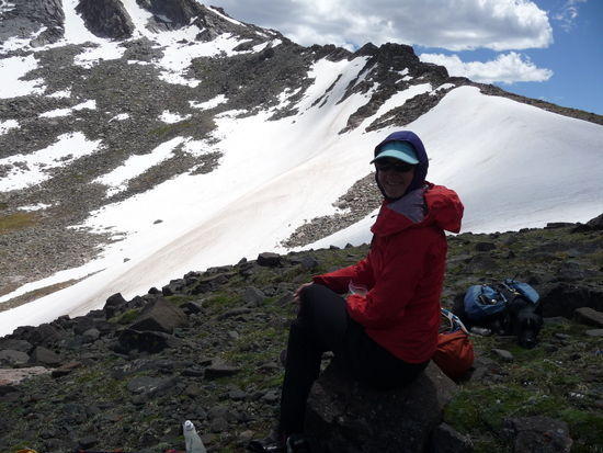 Washakie Pass. The trail dow the pass to Washakie Lake is somewhere beneath that huge snowfield.
