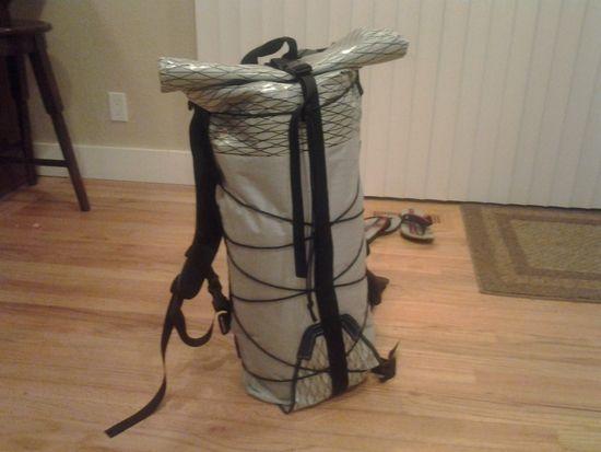 The rucksack, stuffed full, w/ bearvault and gear.