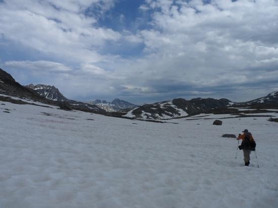 Flat section of snow-covered trail south of Shannon Pass