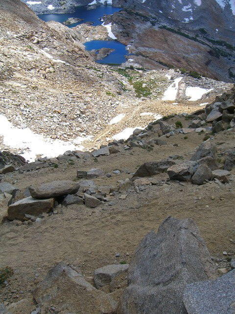 Looking back at switchbacks up to Red Peak Pass