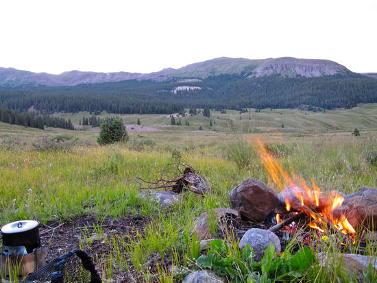 Camp at sunset on the E Fork of Ute Creek