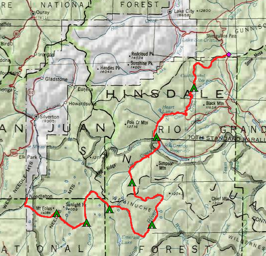 Route of the hike, and approximate camping spots