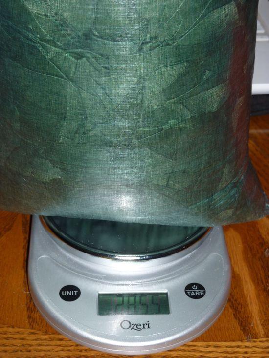 6'6" wide/half taper 2.5" loft 30% overfill in a MYOG cuben stuffsack