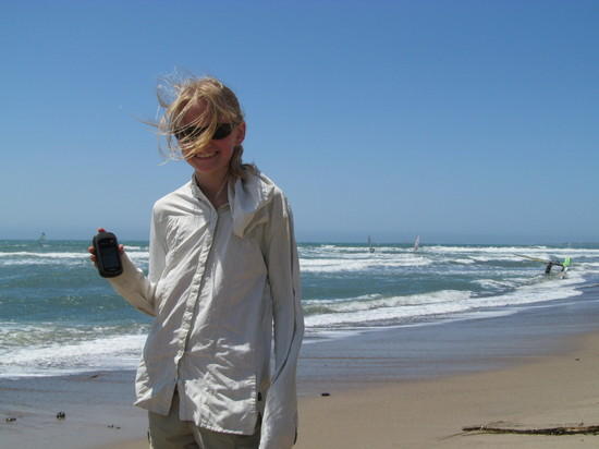 Hannah shows GPS at beach