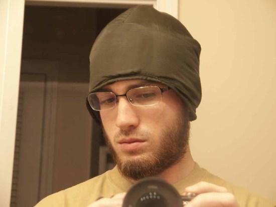 Synthetic beanie worn