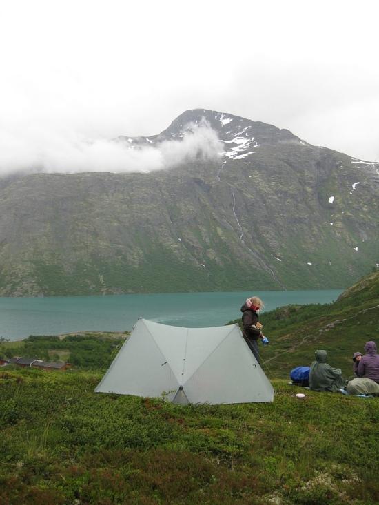 Tarptent stratospire 2 setup on a hill slope in Jotunheimen national park, Norway on july 2012
