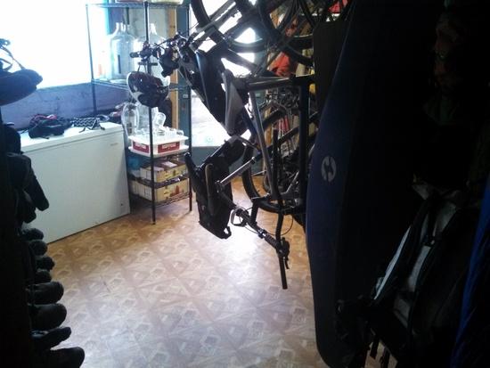 prep area from the closet, backpacks hang on right