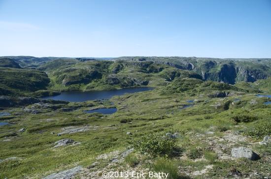 Looking down into western brook pond from the north rim