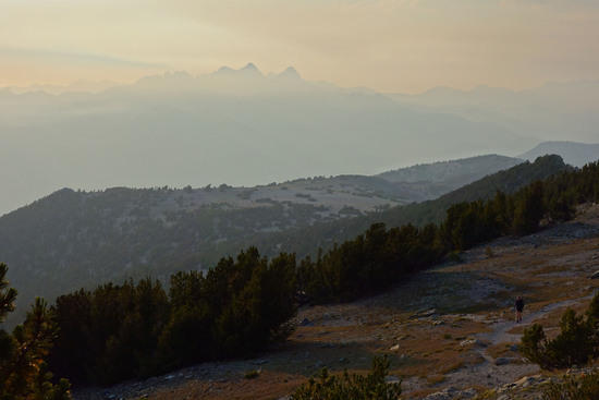 Mt. Ritter and the Minarets shrouded in smoke as seen from the Mammoth Crest