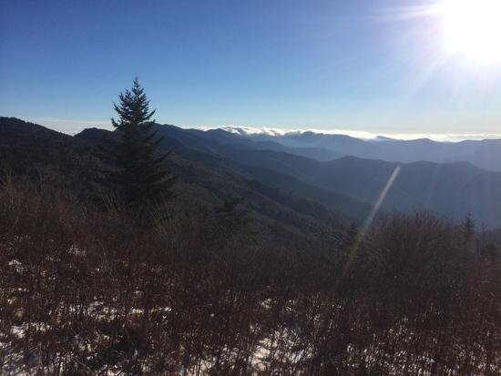 The view from the top of the ridge after a 3000' ascent. Mt Mitchell is in the background in clouds.