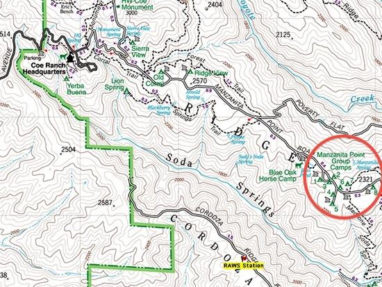Henry Coe RAWS station and G.G.G. West 2014 camp sites map