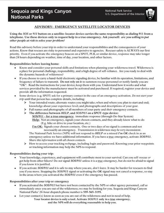 Emergency Locator Device Advisory from NPS