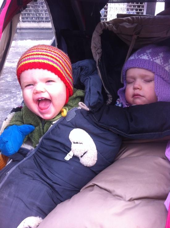 The girls in the buggy getting ready to sleep (as if).
